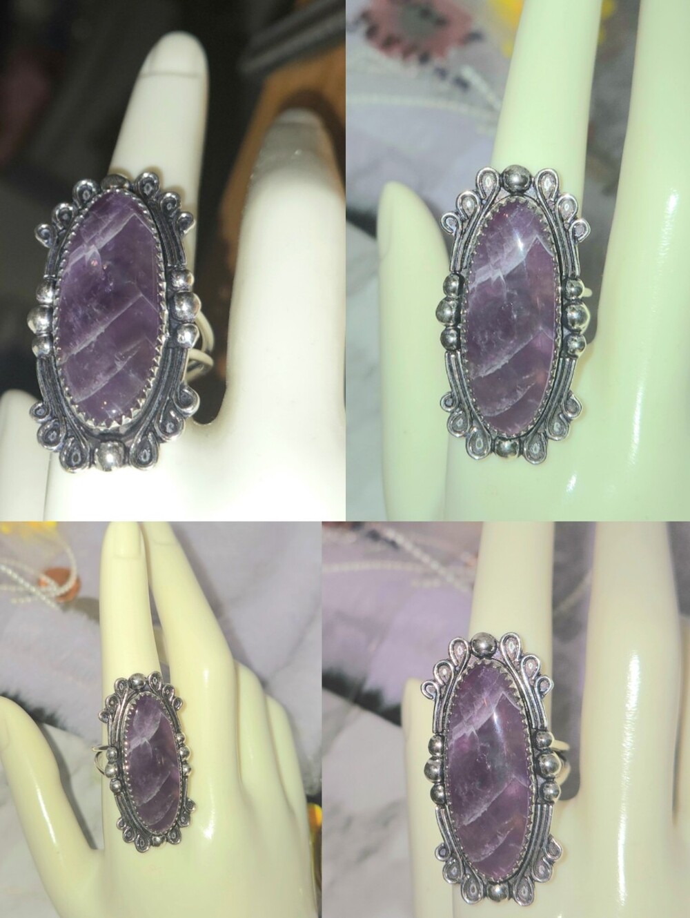 Natural Chevron Amethyst Gemstone Chunky Handmade Vintage Style Halo Ring - Picture 6 of 8